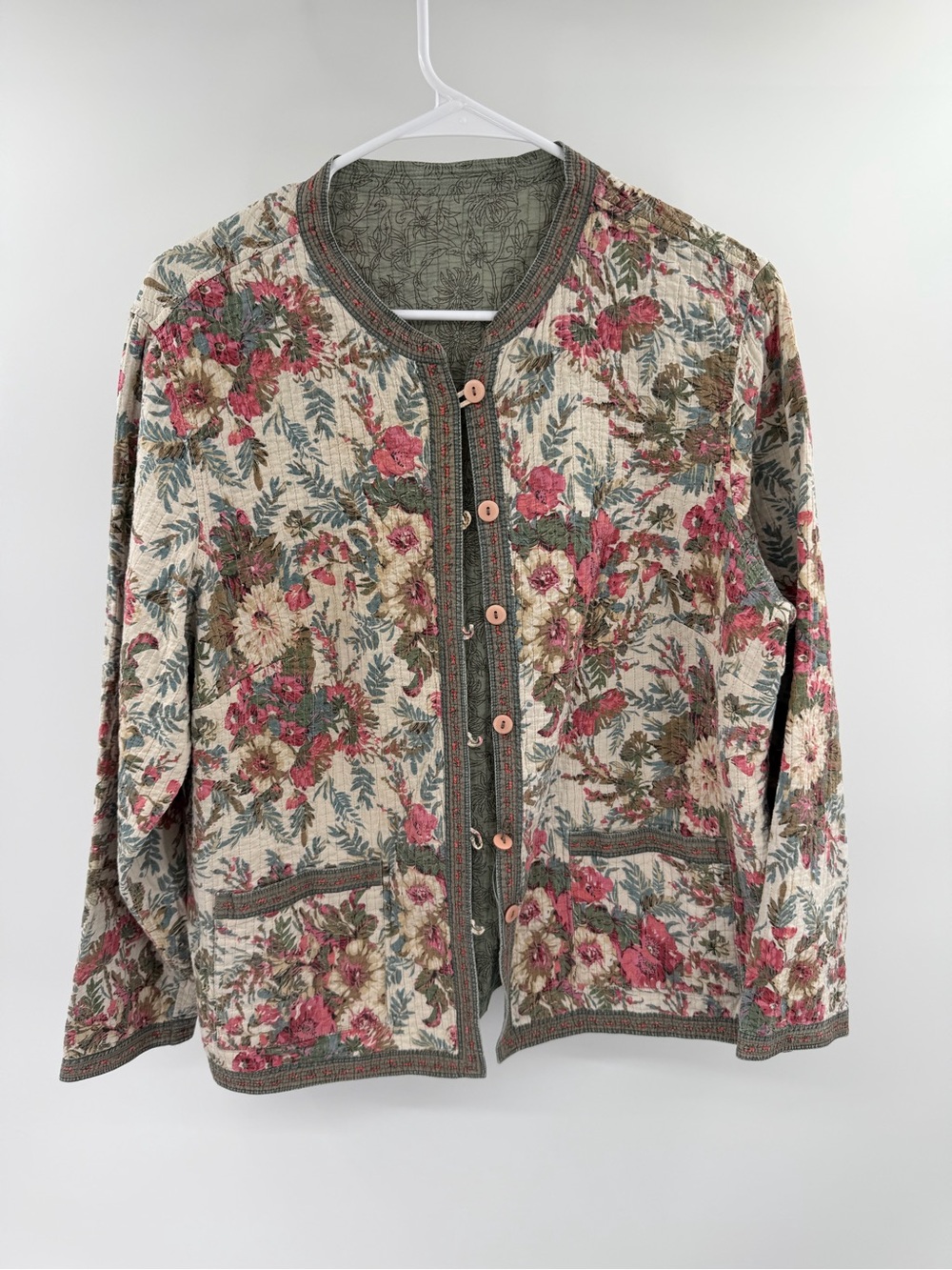 Quilted Floral Button-Front Jacket in Pink and Green Reversible M/L Boho Cottage